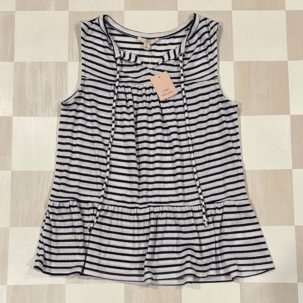 nwt como vintage navy blue white striped peplum nautical coastal tank top
